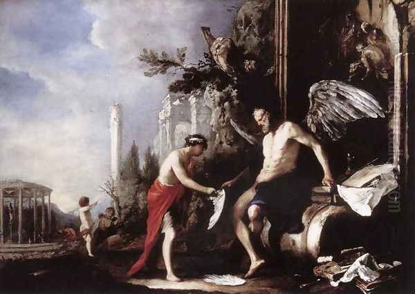 Allegory of Time (Chronos and Eros) 1630s Oil Painting by Johann Heinrich Schonfeld