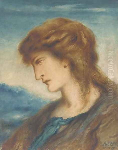 Study of a woman, bust-length in profile to the left, wearing a brown and blue dress Oil Painting by Simeon Solomon