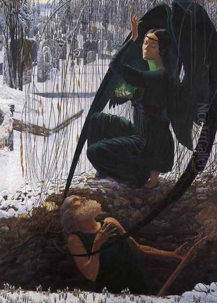 The Death and the Gravedigger, 1900 Oil Painting by Carlos Schwabe