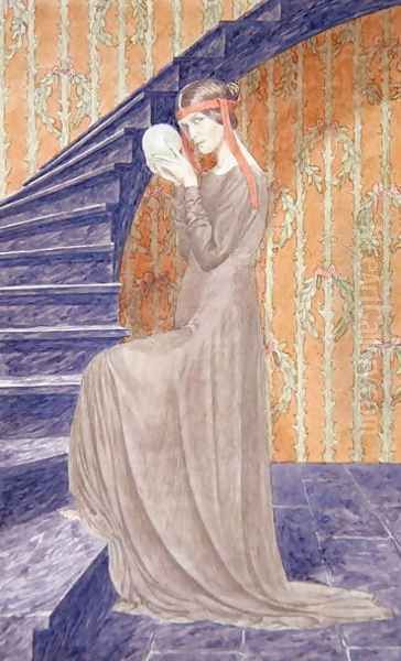 Young woman in Aesthetic style dress holding a sphere, 1894 Oil Painting by Carlos Schwabe