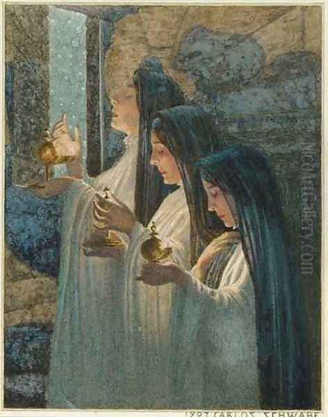 Three Wise Virgins Oil Painting by Carlos Schwabe