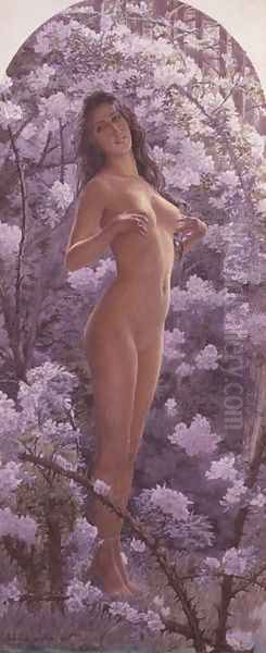 Nude Amongst Flowers Oil Painting by Carlos Schwabe