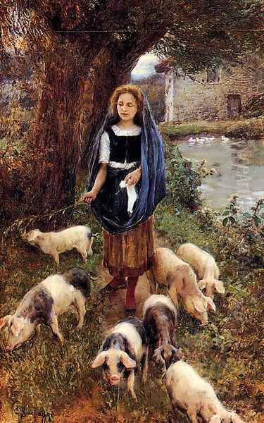 Woman Herding Pigs Oil Painting by Cesare Saccaggi