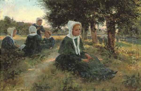 Girls in a meadow Oil Painting by Cesare Saccaggi