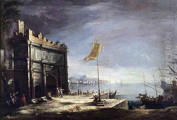 Capriccio of a Port Scene with a Classical Arch 1720s Oil Painting by Antonio Stom