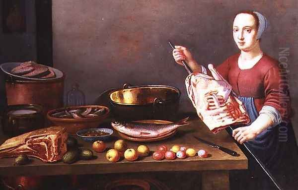 A Still Life of Meat and Fish with a Cook Oil Painting by Floris Gerritsz. van Schooten