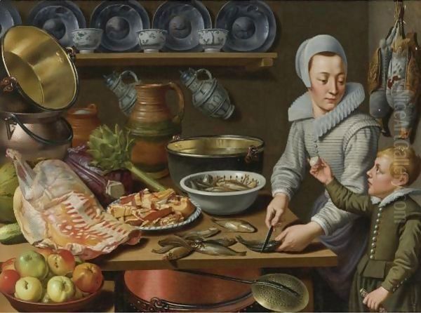 A Kitchen Interior Oil Painting by Floris Gerritsz. van Schooten