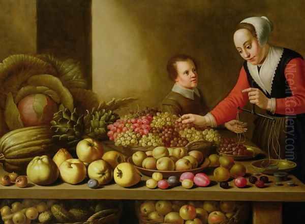 Girl selling grapes from a large table laden with fruit and vegetables Oil Painting by Floris Gerritsz. van Schooten