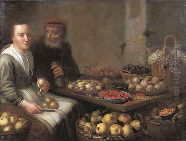 A kitchen interior with a peasant woman peeling a pear, at a table with grapes, plums, blackberries, cherries and other fruits on earthenware plates Oil Painting by Floris Gerritsz. van Schooten