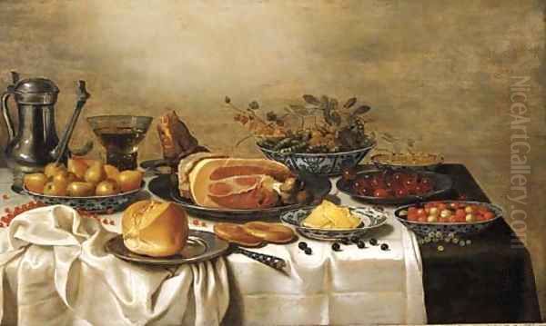 A pewter jug, a Berkemeyer, pears, peas and gooseberries, white currants, fraises-de-bois and butter in Wan-Li porcelain dishes, a leg of ham Oil Painting by Floris Gerritsz. van Schooten