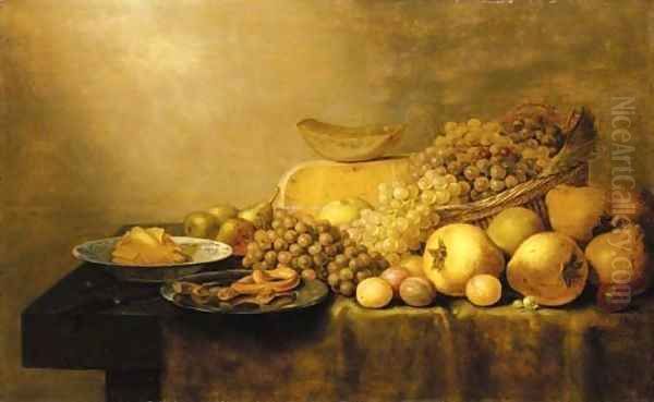 Grapes in a basket, with pears, plums, cheese, butter in a porcelain dish, pastries on a pewter dish and a knife on a partially draped table Oil Painting by Floris Gerritsz. van Schooten