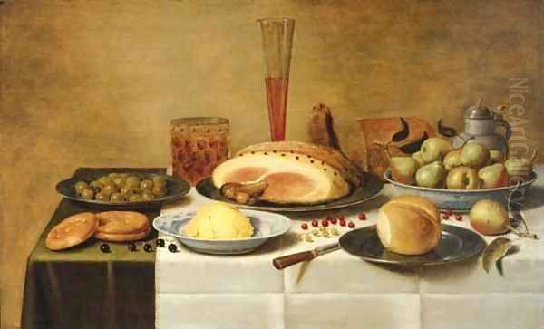 Mulberries, a ham and a bun on pewter plates, butter and pears on porcelain dishes with a beerglass, a flute and a knife on a draped table Oil Painting by Floris Gerritsz. van Schooten