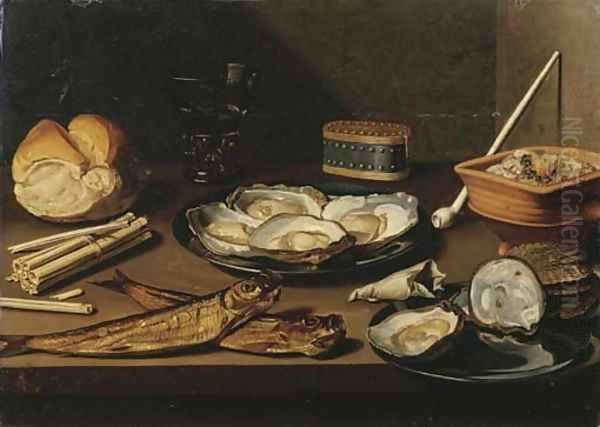 Pewter plates with opened oysters, two mackerel, a bun, oyster shells, a bag of tobacco, matches, a white clay pipe, a berkemeier of white wine Oil Painting by Floris Gerritsz. van Schooten