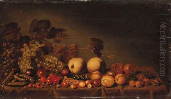 Grapes, plums, medlars, cherries, assorted berries and peas on a draped table Oil Painting by Floris Gerritsz. van Schooten