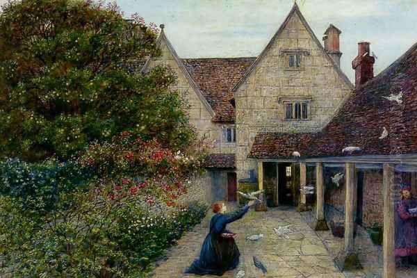 Feeding The Doves At Kelmscott Manor, Oxfordshire Oil Painting by Maria Euphrosyne Spartali, later Stillman