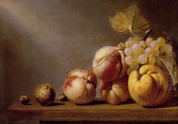 A Still Life Of Paeches, Grapes, A Quince, A Walnut And Two Hazelnuts On A Wooden Table Oil Painting by Harmen Steenwijck