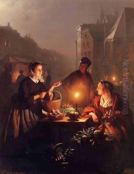 A Moonlit Vegetable Market Oil Painting by Petrus van Schendel