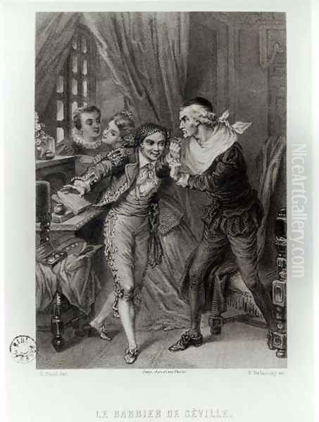 Figaro, illustration from Act III Scene 12 of The Barber of Seville by Pierre Augustin Caron de Beaumarchais 1732-99 engraved by Ferdinand Delanoy fl.1850 1874 Oil Painting by Pierre Gustave Eugene (Gustave) Staal