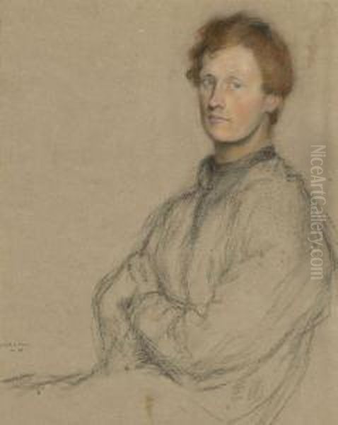 Portrait Of Charles Haselwood Shannon, R.a. ,half-length, Seated With His Arms Crossed Oil Painting by William Rothenstein