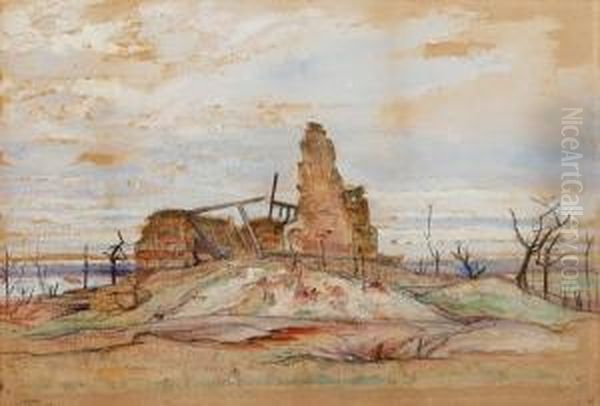 Bombed Ruins On The Western Front - Clery Oil Painting by William Rothenstein