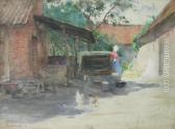 Farmyard In Burgundy Oil Painting by William Rothenstein