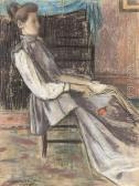 A Woman Seated In An Interior, A Red Rose In Her Right Hand Oil Painting by William Rothenstein