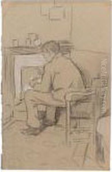 Figure Seated By The Fire, Possibly Phil May Oil Painting by William Rothenstein