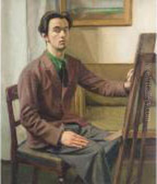 Portrait Of A Student (corfield?) At His Easel Oil Painting by William Rothenstein