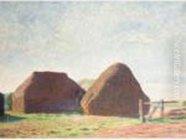 Haystacks With Barn, Iles Farm, Far Oakridge, Gloucestershire Oil Painting by William Rothenstein