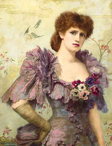 Portrait of Lillie Langtry, half-length, in a purple dress with poppies at her corsage Oil Painting by Herbert Gustav Schmalz