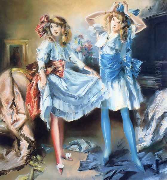 Two Girls Dressing for a Party Oil Painting by Everett Shinn