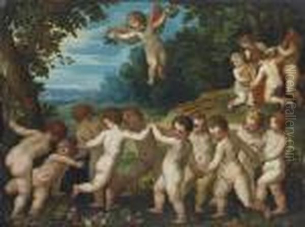 Putti Making Music And Dancing Oil Painting by Hans Rottenhammer