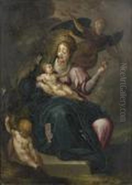 Vierge A L'enfant Couronnee Par Un Ange Avec Oil Painting by Hans Rottenhammer