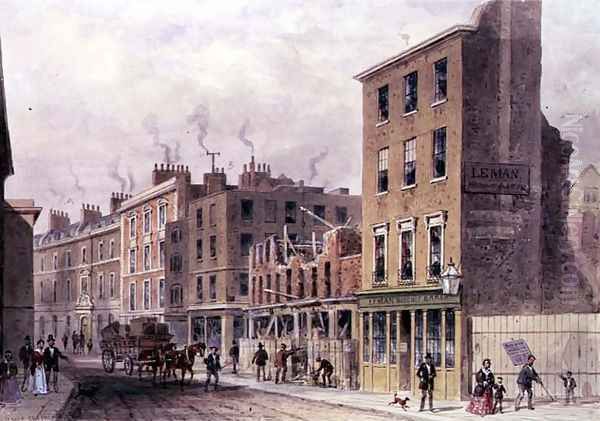 View in Threadneedle Street, pulling down for improvements, Merchant Taylors, Hall or Alderman Moon Print Shop at corner of Finch Lane Oil Painting by Thomas Hosmer Shepherd