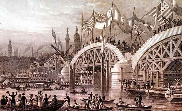 New London Bridge with the Lord Mayors Procession Passing under the Unfinishd Arches, engraved by Thomas Higham 1796-1844 pub. by Jones and Co. November 1828 Oil Painting by Thomas Hosmer Shepherd