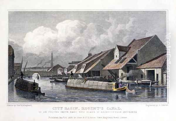 City Basin, Regents Canal, engraved by F.J. Havell, 1827 Oil Painting by Thomas Hosmer Shepherd