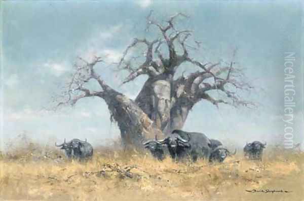 Buffalo and the Baobab tree Oil Painting by Thomas Hosmer Shepherd