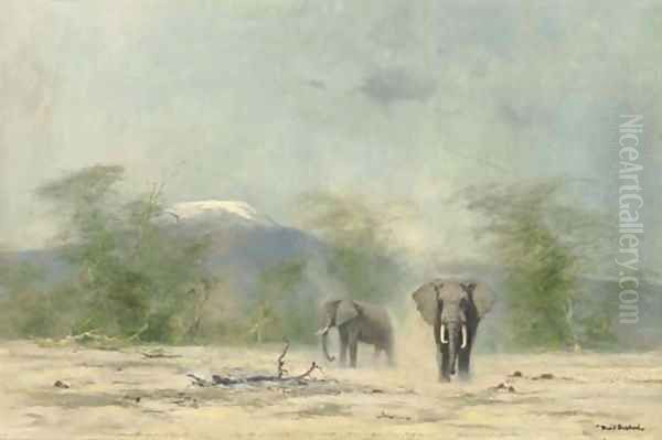 Elephants with Mount Kilimanjaro beyond Oil Painting by Thomas Hosmer Shepherd