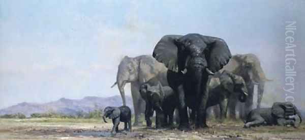 A herd of elephants at a watering hole Oil Painting by Thomas Hosmer Shepherd