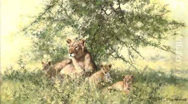 A Lioness and her Cubs Oil Painting by Thomas Hosmer Shepherd