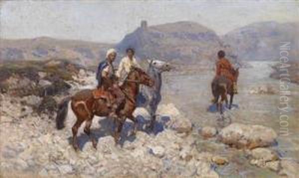 Circassian Horsemen Crossing A Ford Oil Painting by Franz Roubaud