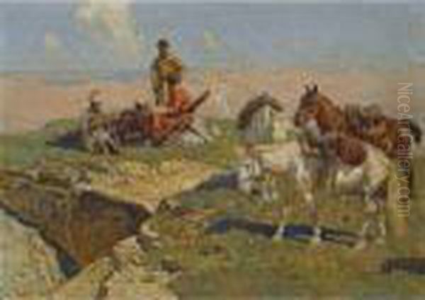 Caucasian Riders At Rest Oil Painting by Franz Roubaud