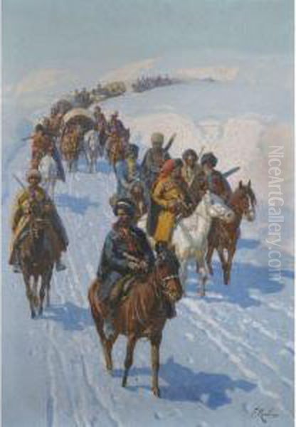 Caravan Advancing Through The Snow Oil Painting by Franz Roubaud