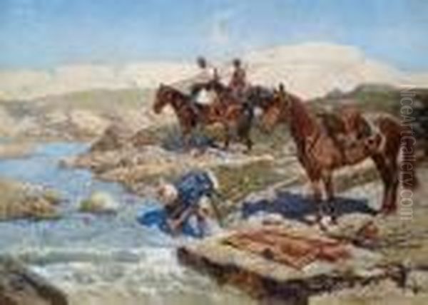 Circassian Horsemen At A River Oil Painting by Franz Roubaud