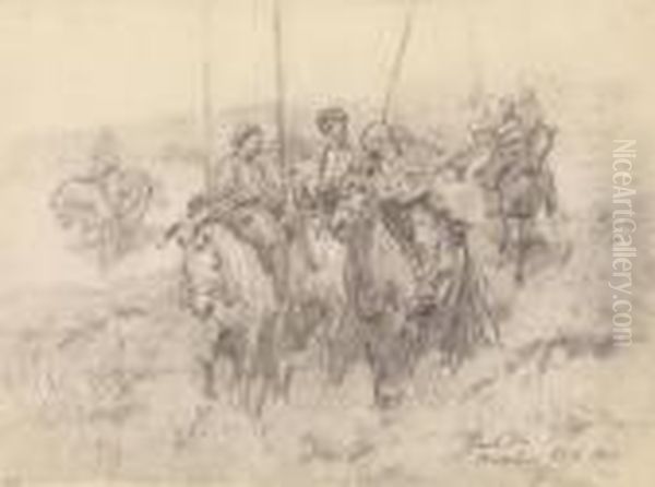 Circassian Horsemenin Battle Oil Painting by Franz Roubaud