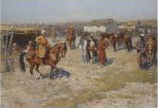 Central Asian Horse Market Oil Painting by Franz Roubaud