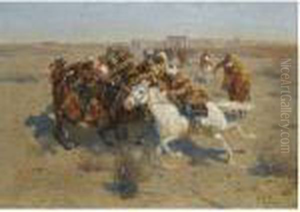 A Game Of Buzkashi Oil Painting by Franz Roubaud