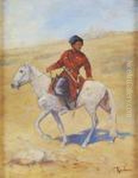 Cosaque Sur Un Cheval Blanc Oil Painting by Franz Roubaud