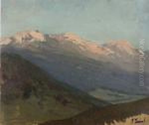 A Snow-covered Mountain Range Oil Painting by Franz Roubaud