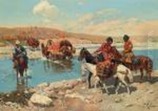 Cherkesses Crossing A River Oil Painting by Franz Roubaud